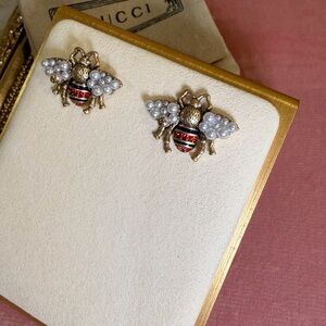 Gucci Gold and Red Bee Earrings with Pearls